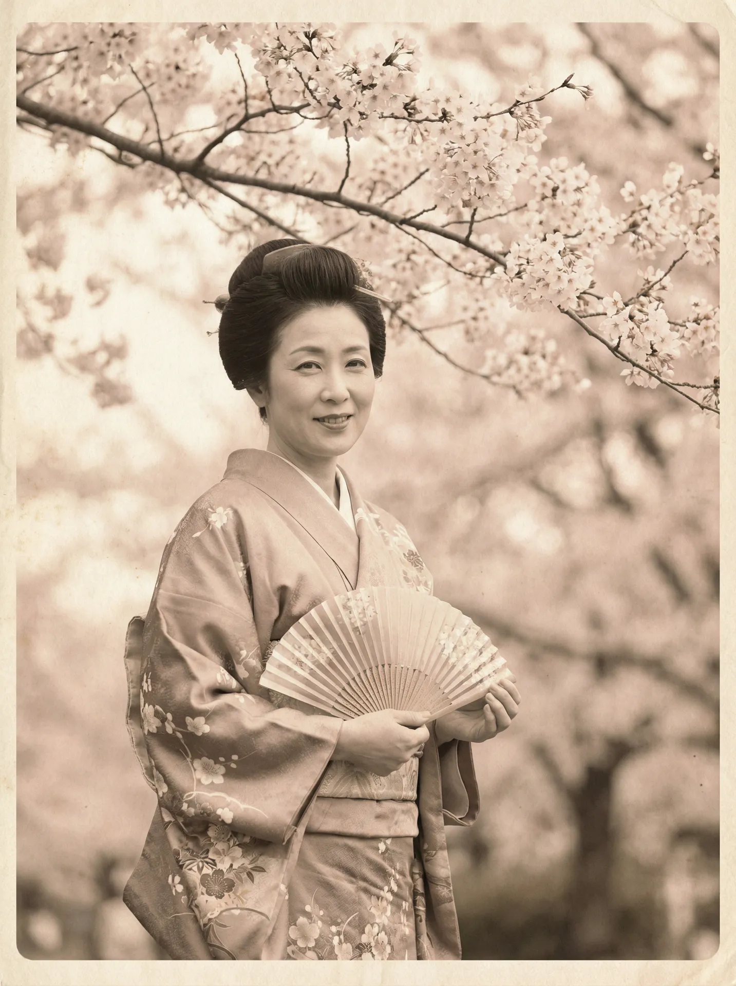 一位持扇的优雅 阿里体育平台 在樱花树下的复古写真