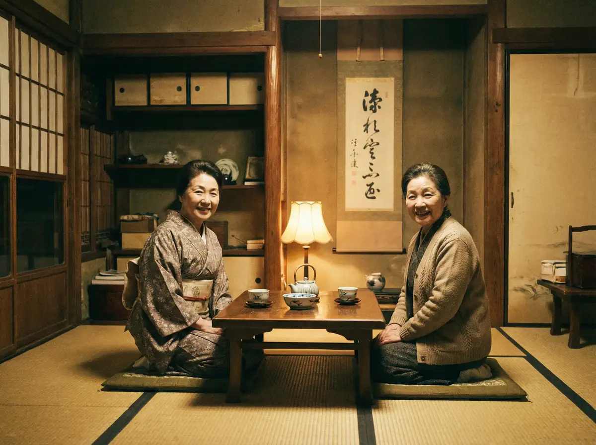 两位优雅的 阿里体育平台 在日式茶室中品茶交谈